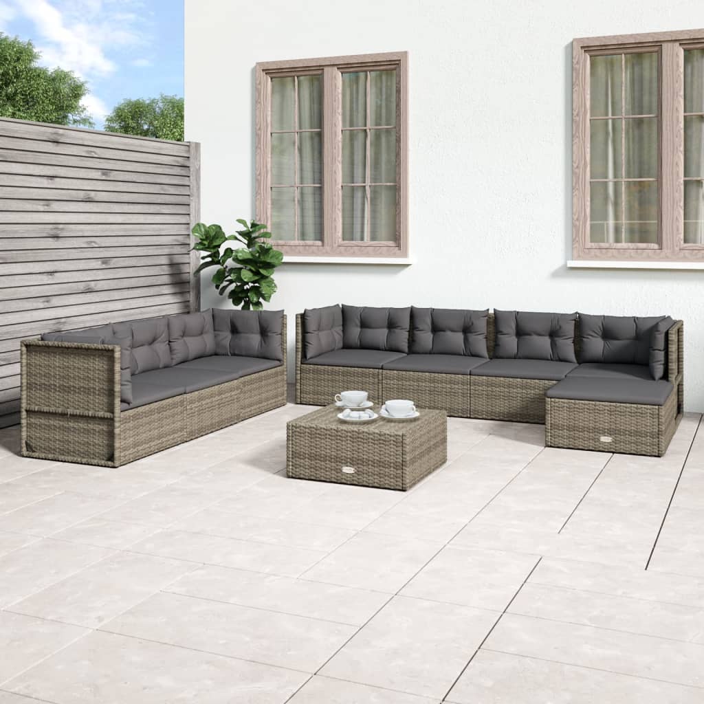 7-delige Loungeset met kussens poly rattan grijs