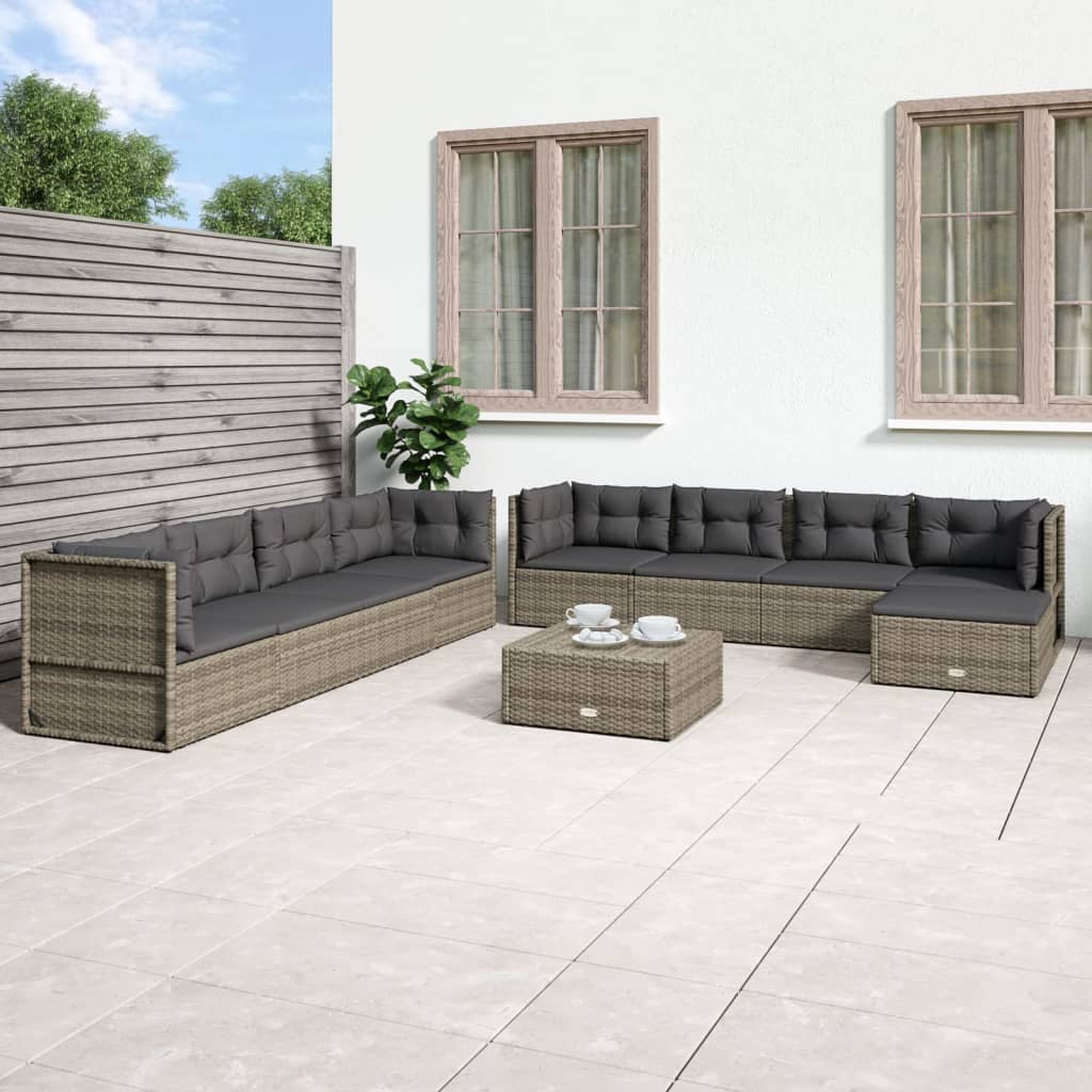 7-delige Loungeset met kussens poly rattan grijs