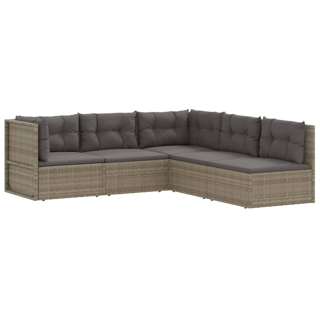 5-delige Loungeset met kussens poly rattan grijs