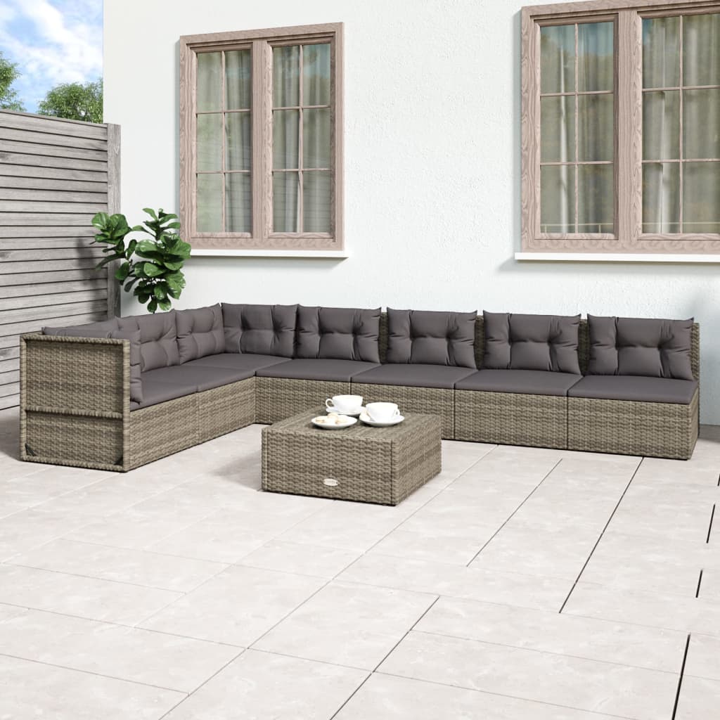 9-delige Loungeset met kussens poly rattan grijs