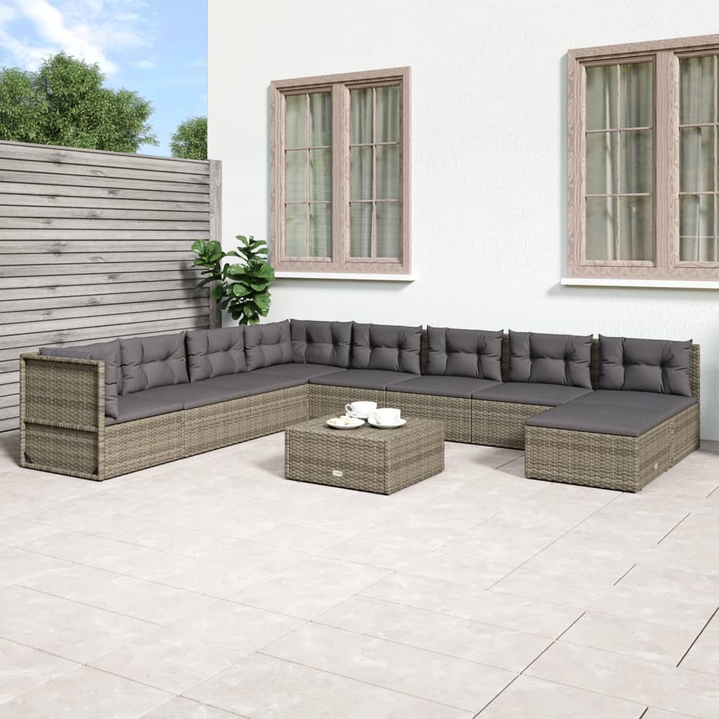 9-delige Loungeset met kussens poly rattan grijs