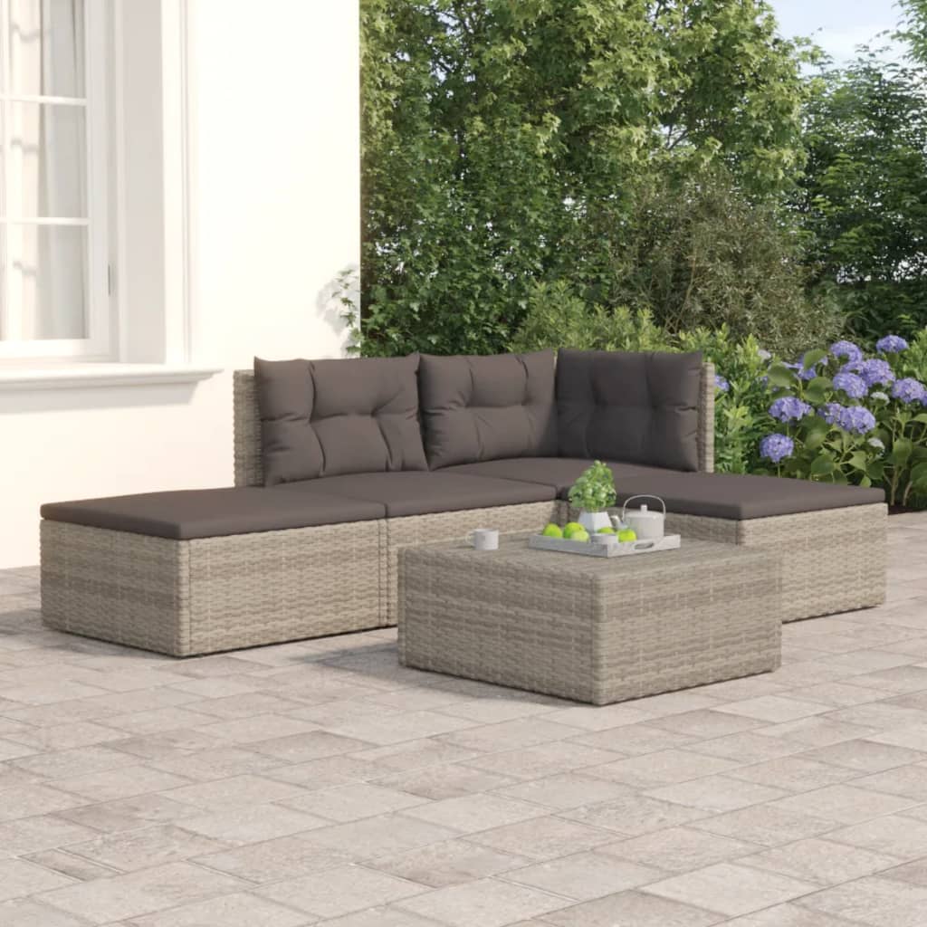 5-delige Loungeset met kussens poly rattan grijs