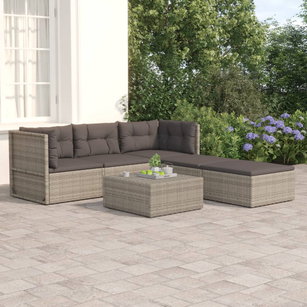 6-delige Loungeset met kussens poly rattan grijs