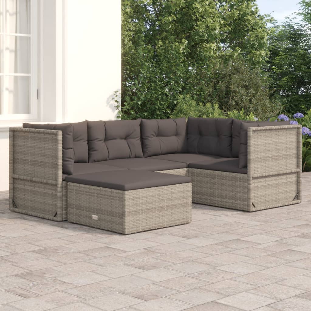 6-delige Loungeset met kussens poly rattan grijs