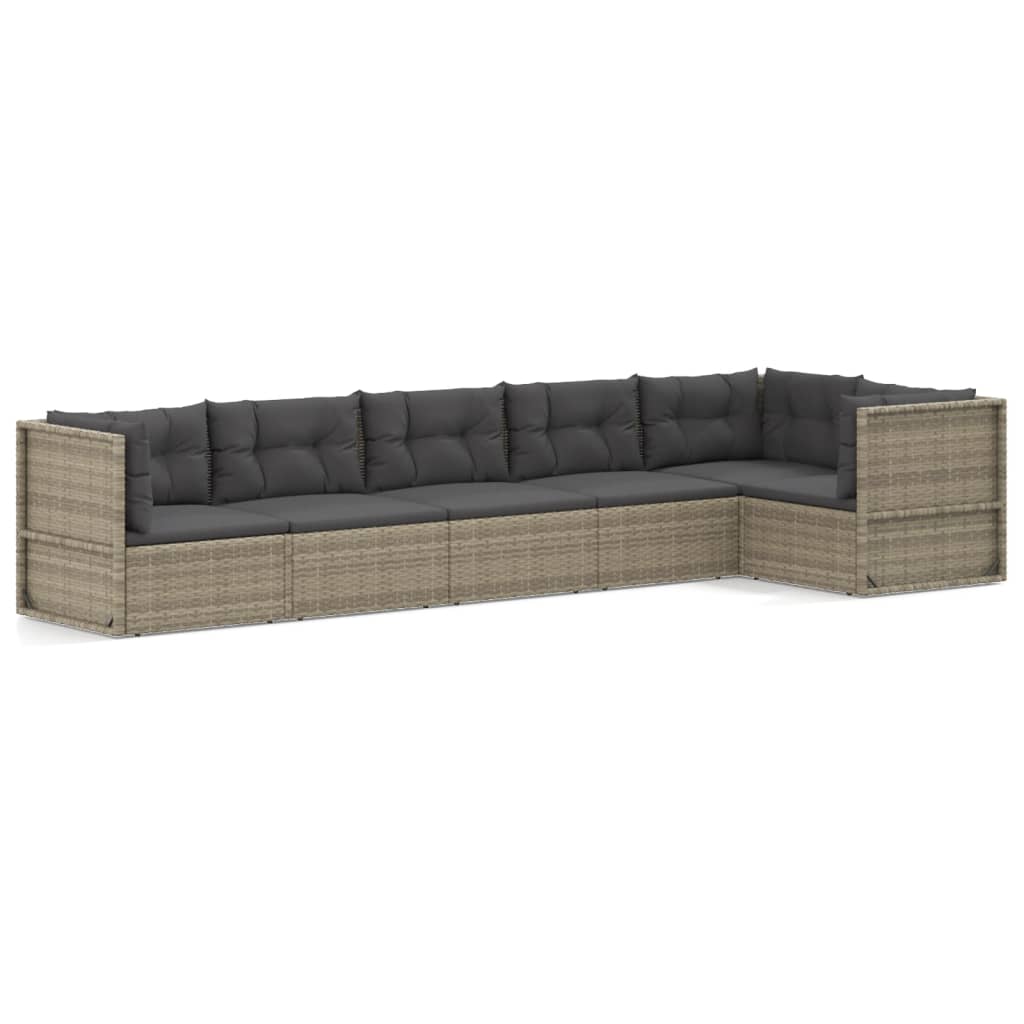 6-delige Loungeset met kussens poly rattan grijs