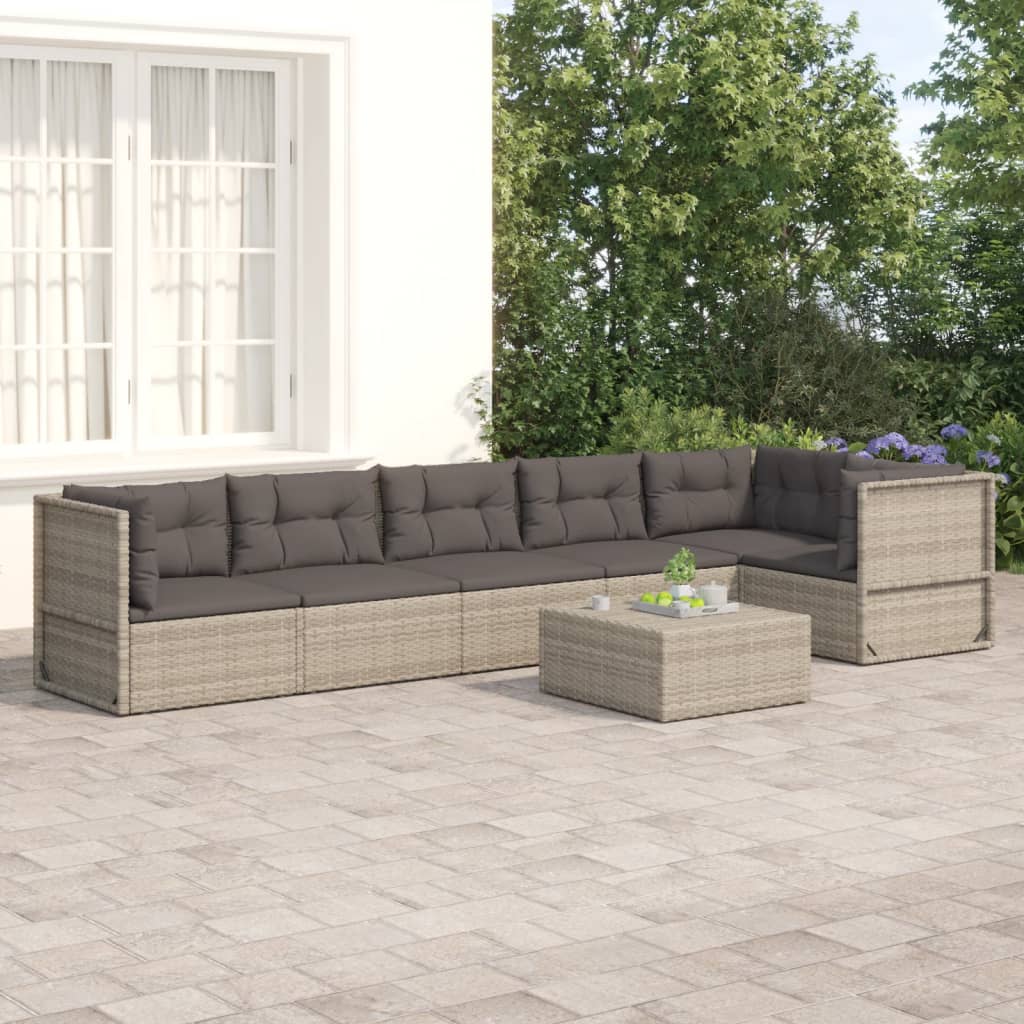 6-delige Loungeset met kussens poly rattan grijs