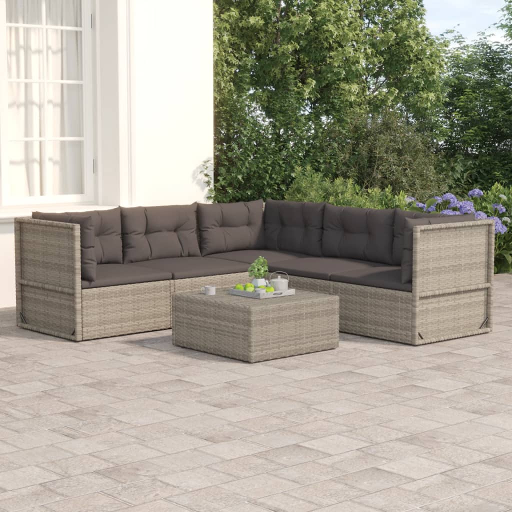 7-delige Loungeset met kussens poly rattan grijs