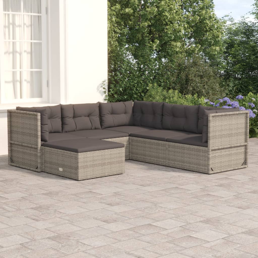 7-delige Loungeset met kussens poly rattan grijs