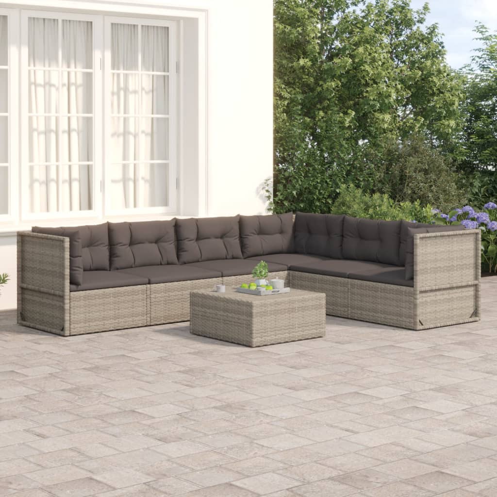 7-delige Loungeset met kussens poly rattan grijs