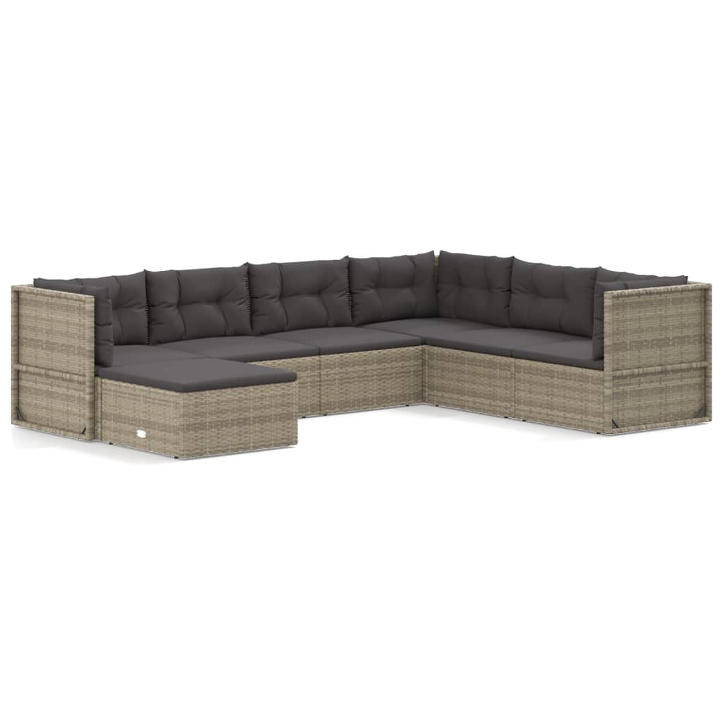 7-delige Loungeset met kussens poly rattan grijs