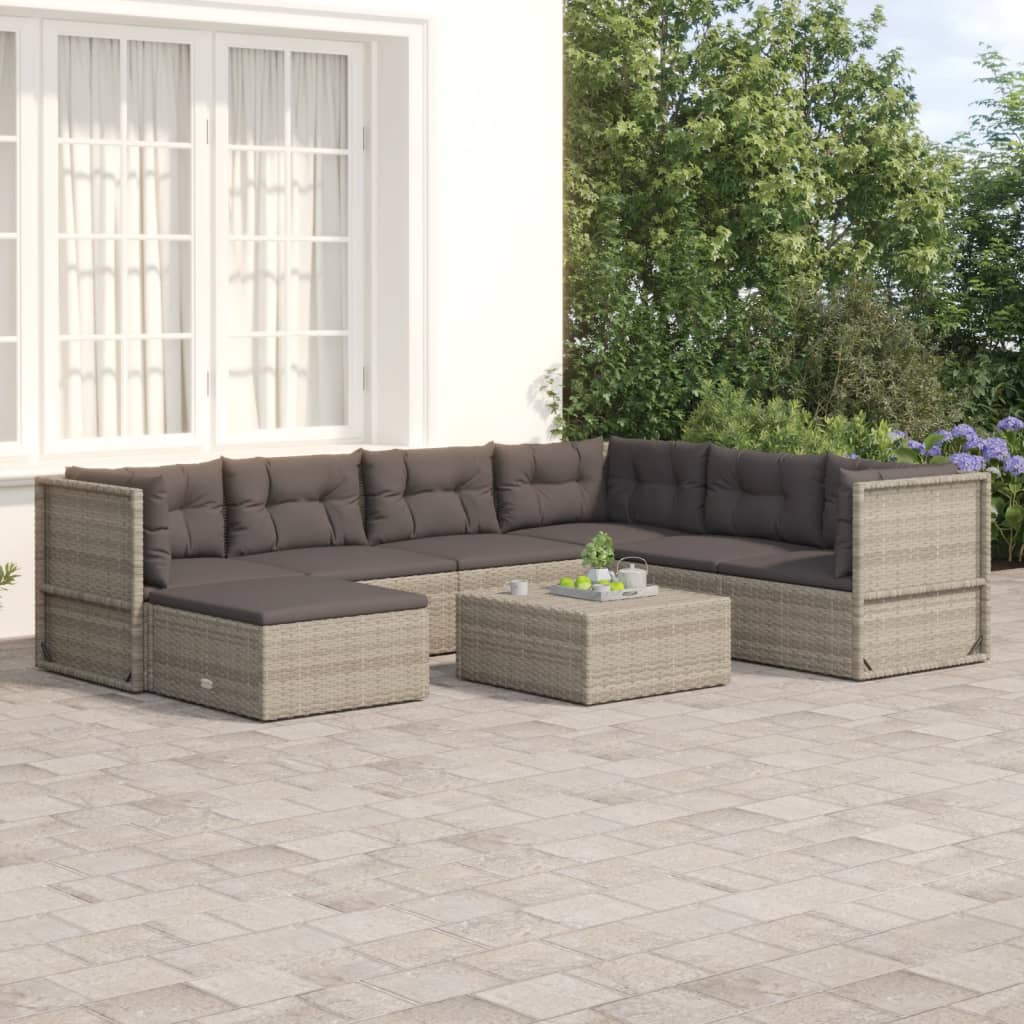 7-delige Loungeset met kussens poly rattan grijs