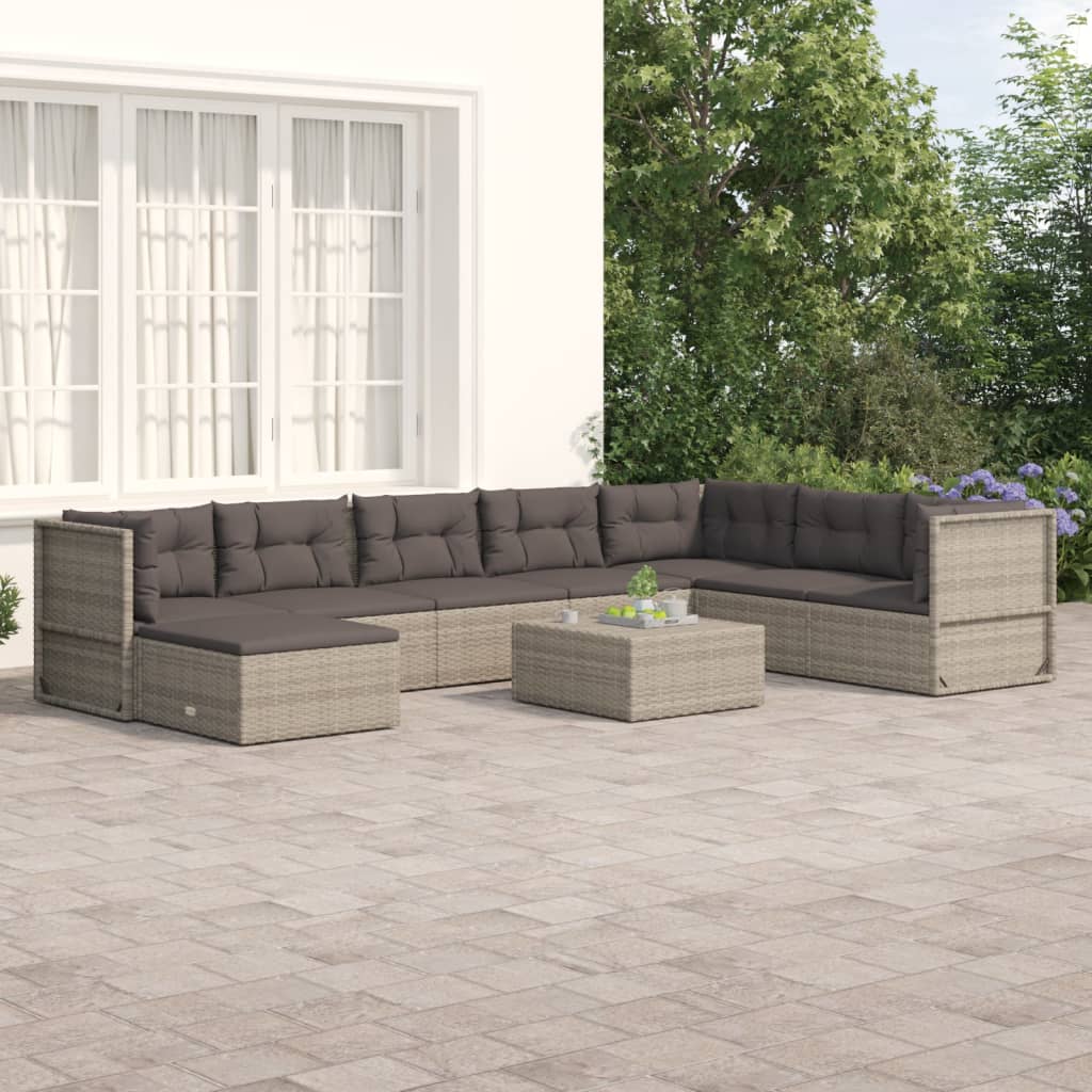 7-delige Loungeset met kussens poly rattan grijs