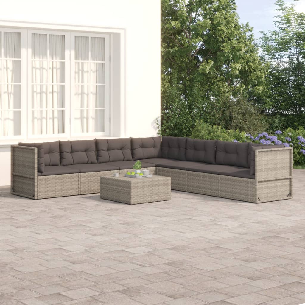 10-delige Loungeset met kussens poly rattan grijs