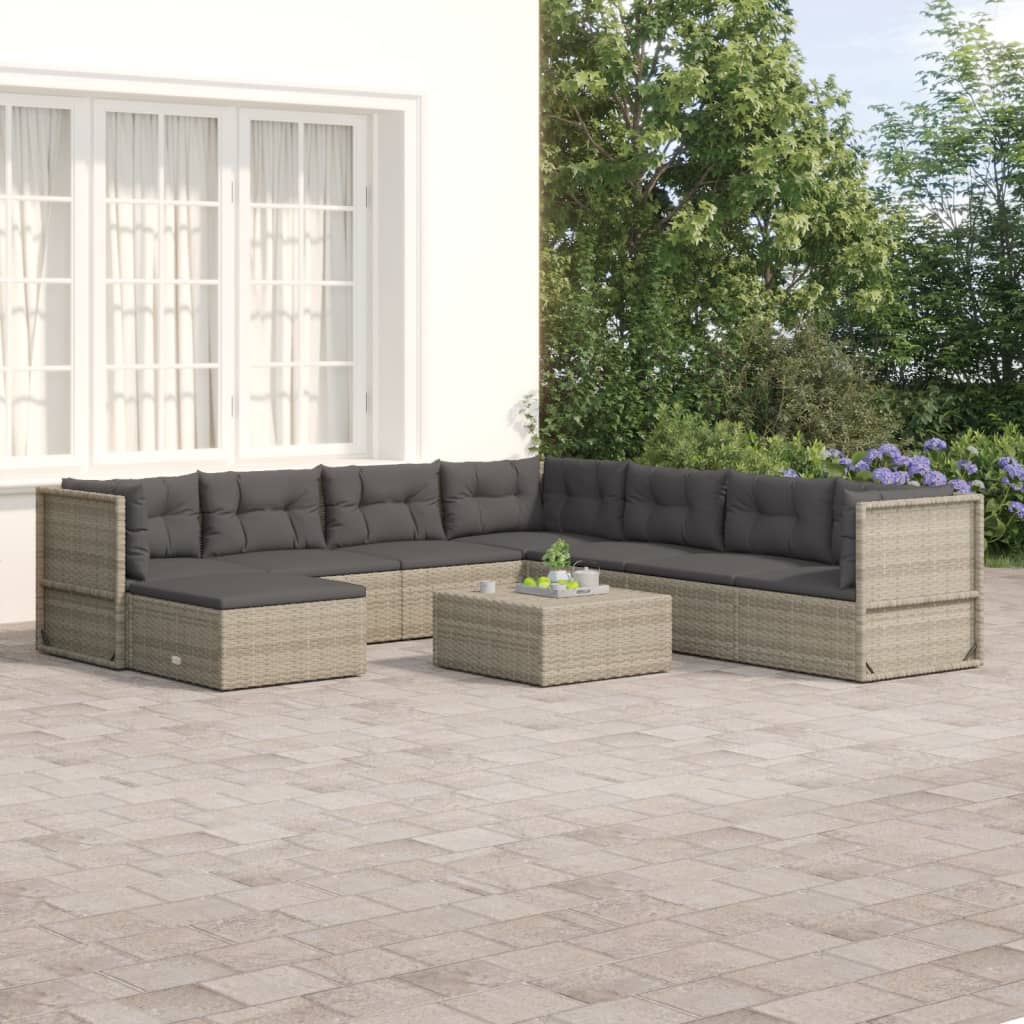 10-delige Loungeset met kussens poly rattan grijs