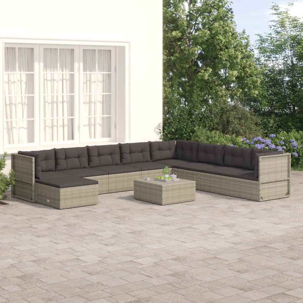 10-delige Loungeset met kussens poly rattan grijs