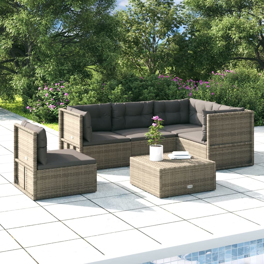 6-delige Loungeset met kussens poly rattan grijs