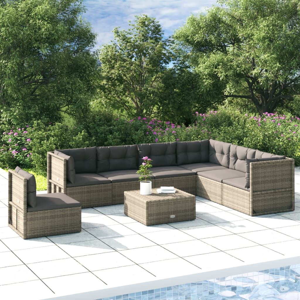 9-delige Loungeset met kussens poly rattan grijs