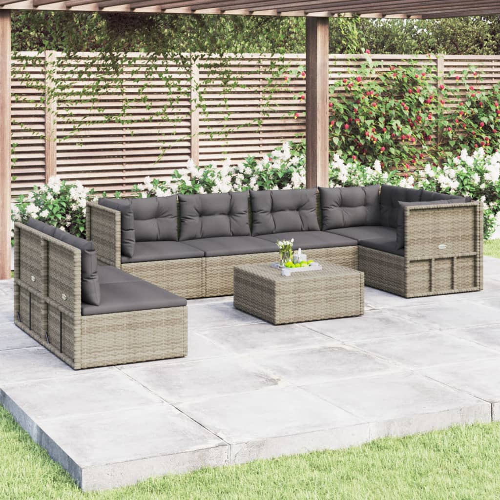 8-delige Loungeset met kussens poly rattan grijs