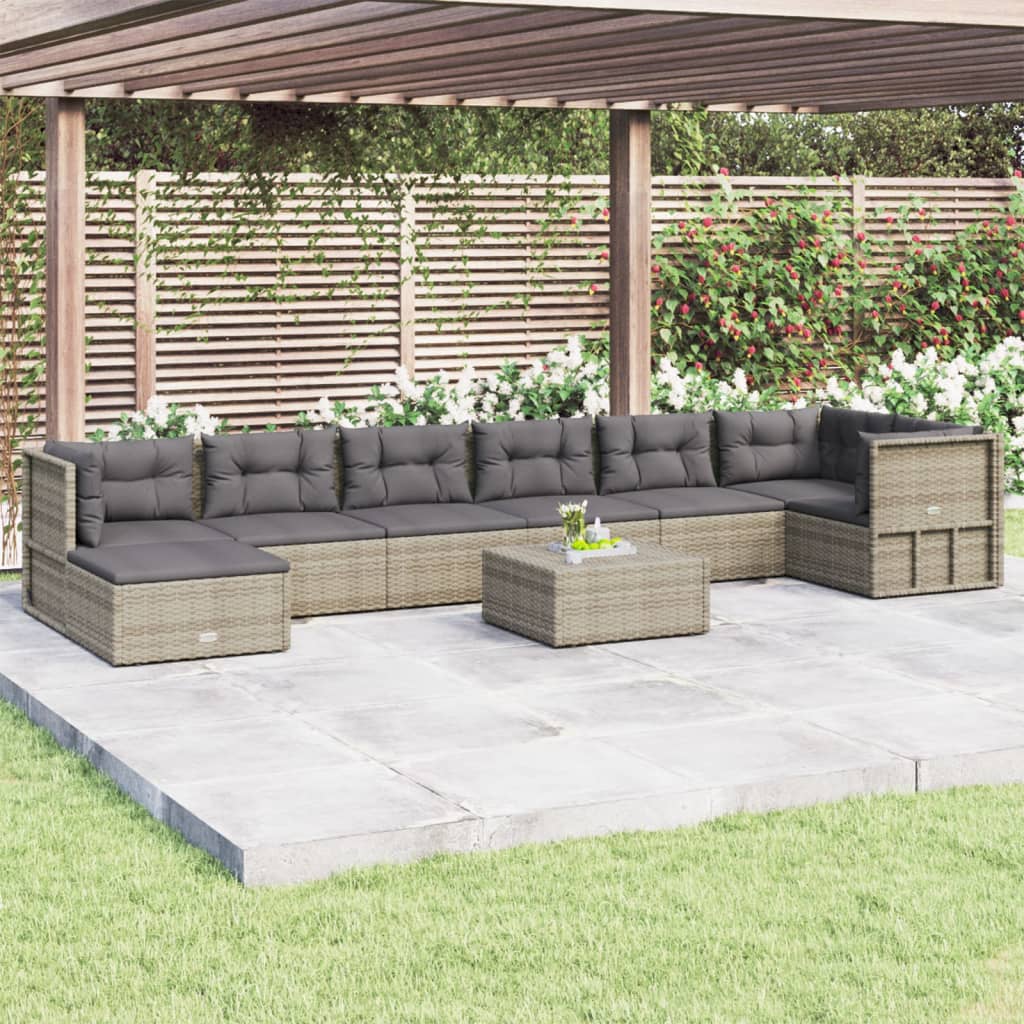 8-delige Loungeset met kussens poly rattan grijs