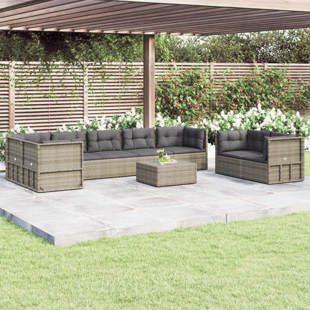 8-delige Loungeset met kussens poly rattan grijs