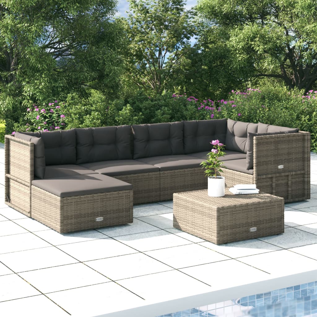 7-delige Loungeset met kussens poly rattan grijs