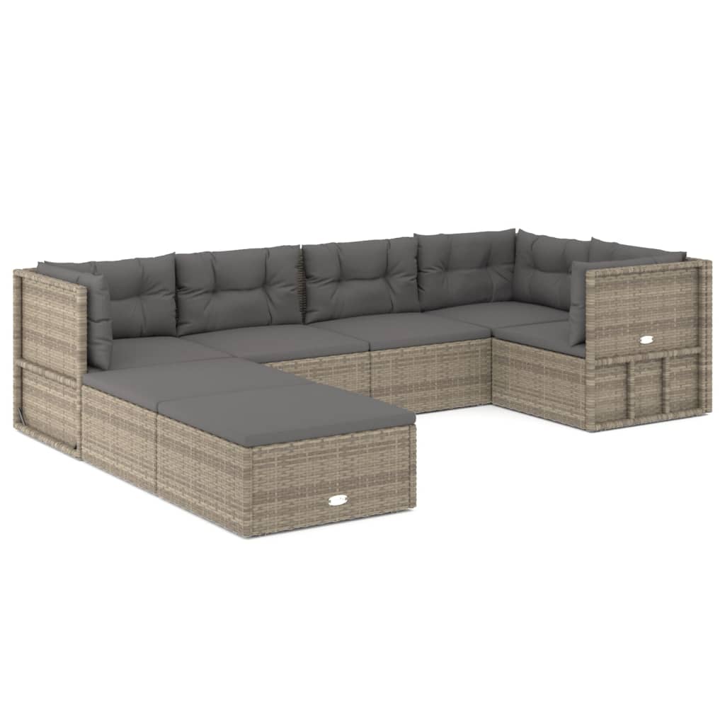 7-delige Loungeset met kussens poly rattan grijs