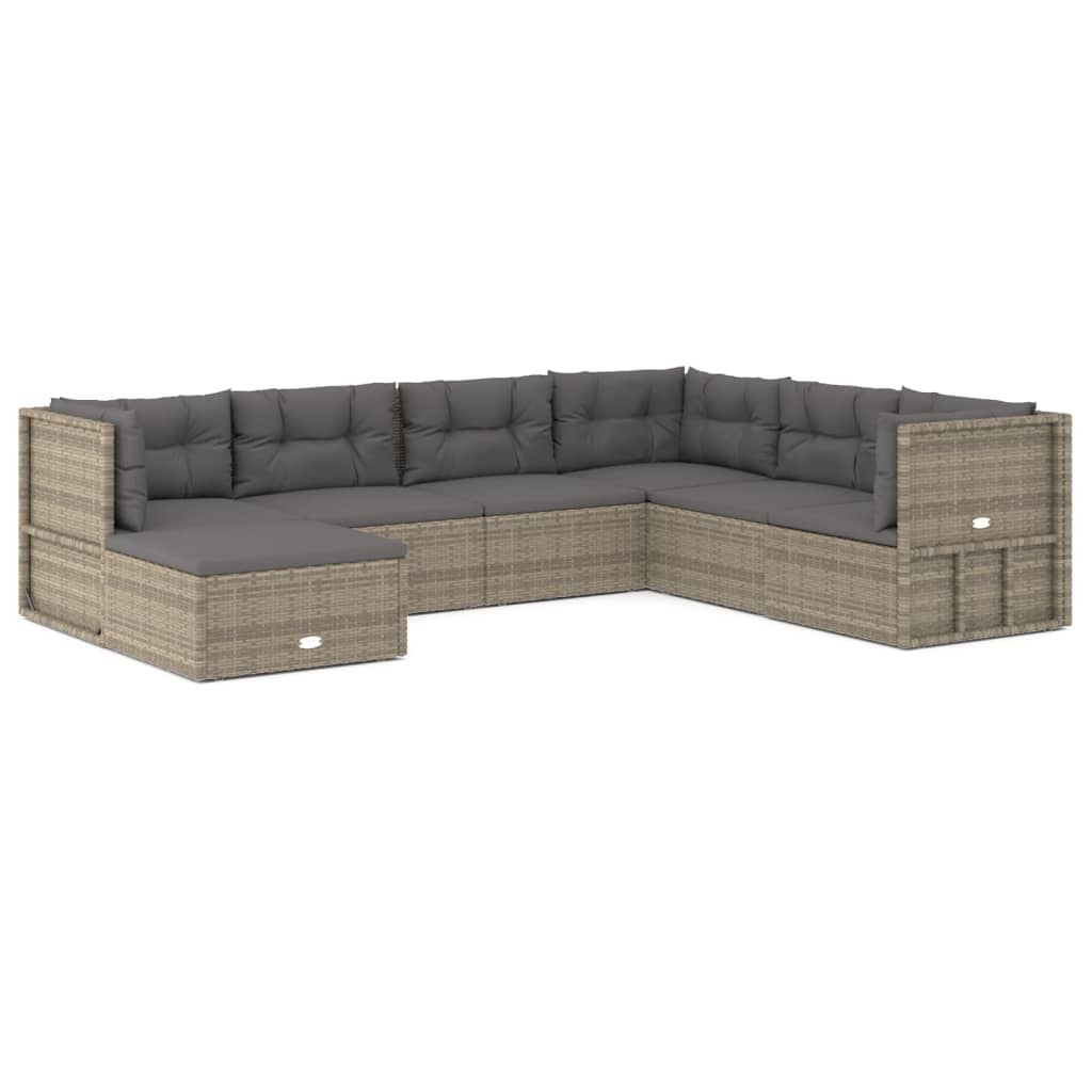 7-delige Loungeset met kussens poly rattan grijs