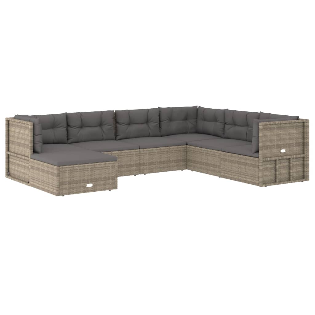 7-delige Loungeset met kussens poly rattan grijs