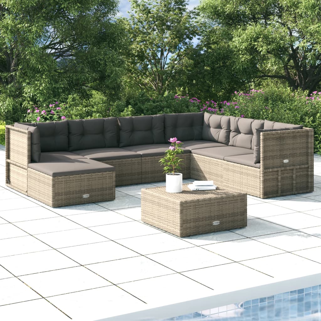 7-delige Loungeset met kussens poly rattan grijs