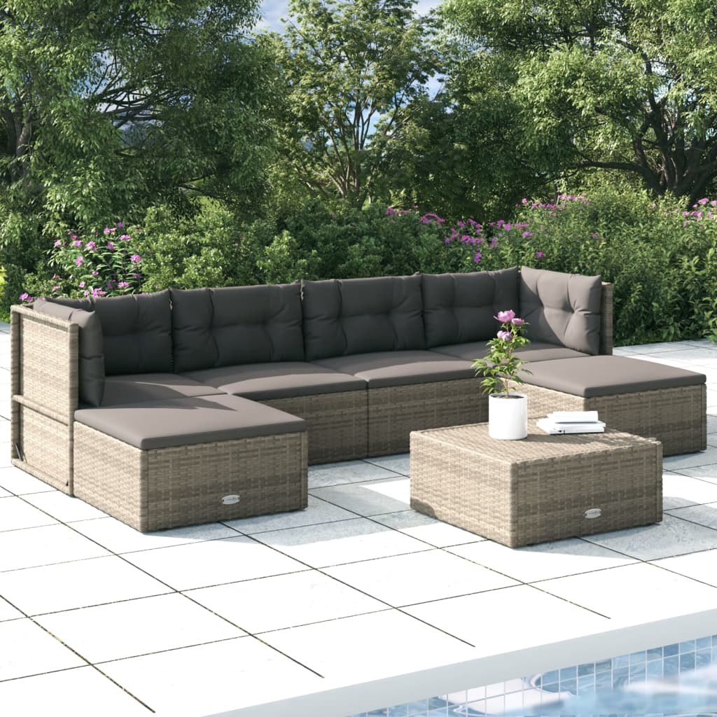 7-delige Loungeset met kussens poly rattan grijs