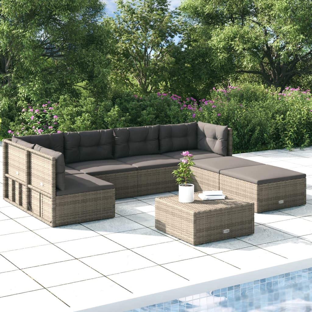 7-delige Loungeset met kussens poly rattan grijs