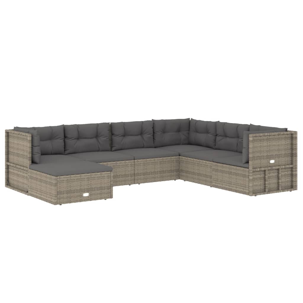 7-delige Loungeset met kussens poly rattan grijs