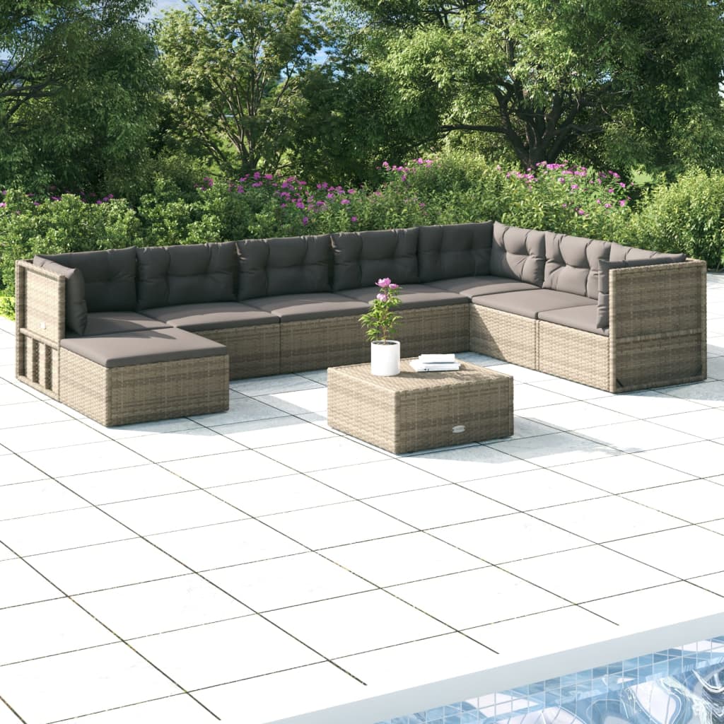 7-delige Loungeset met kussens poly rattan grijs