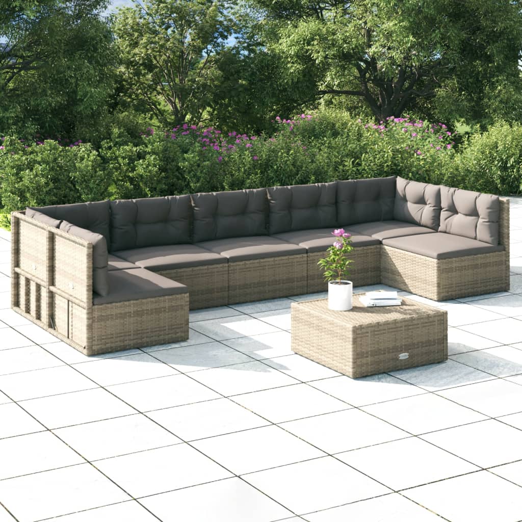 7-delige Loungeset met kussens poly rattan grijs