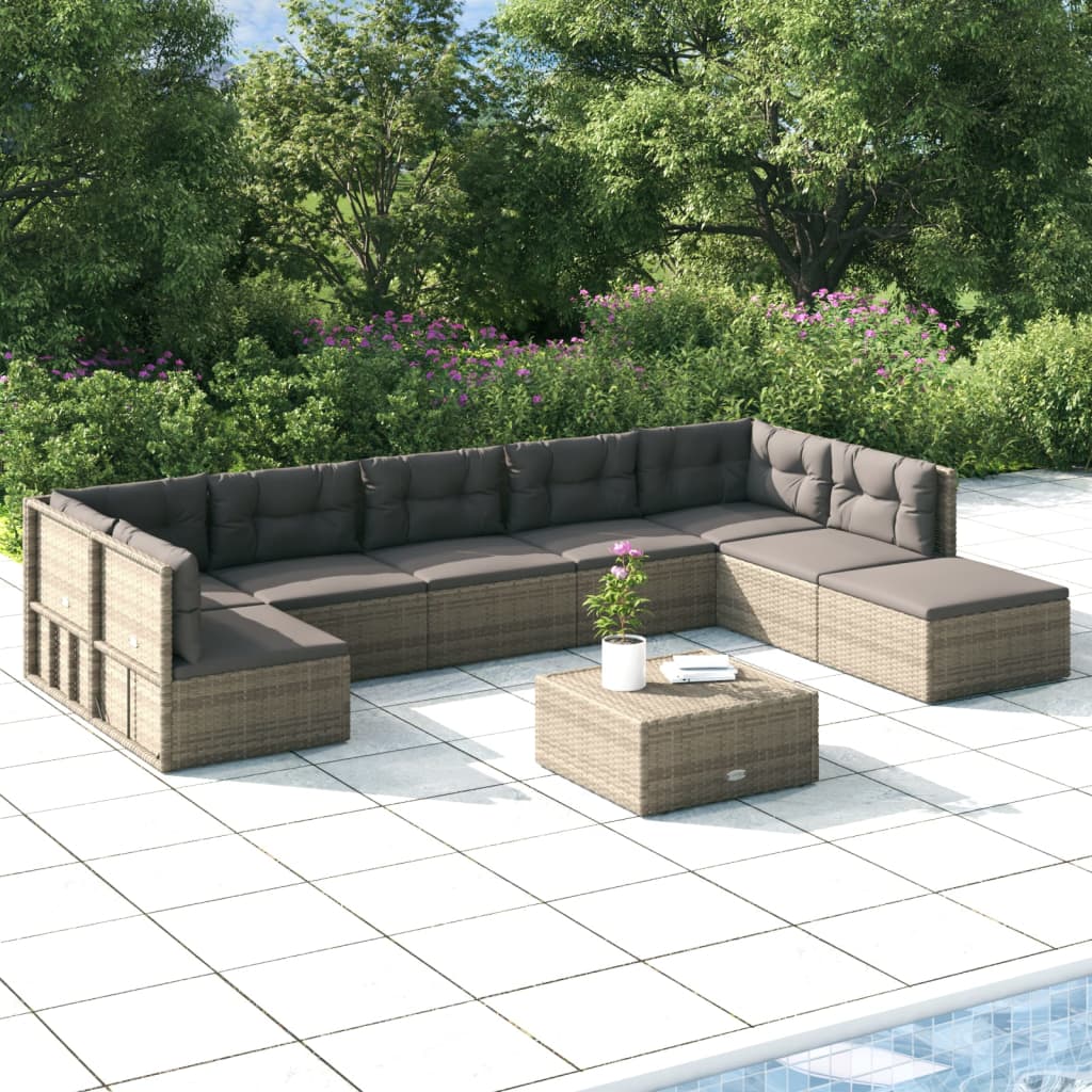 7-delige Loungeset met kussens poly rattan grijs