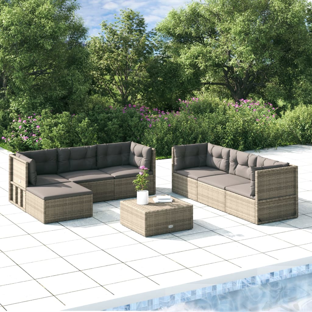 7-delige Loungeset met kussens poly rattan grijs