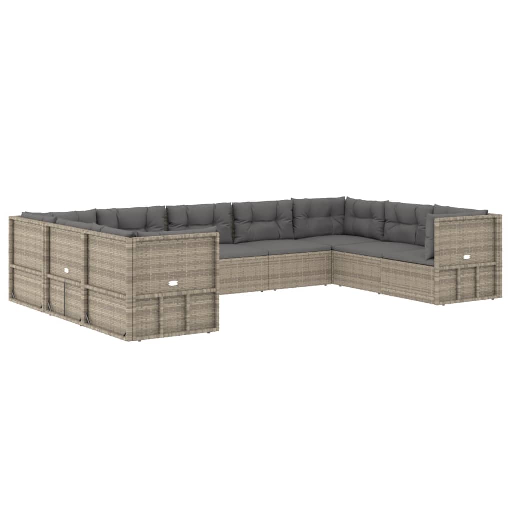 10-delige Loungeset met kussens poly rattan grijs