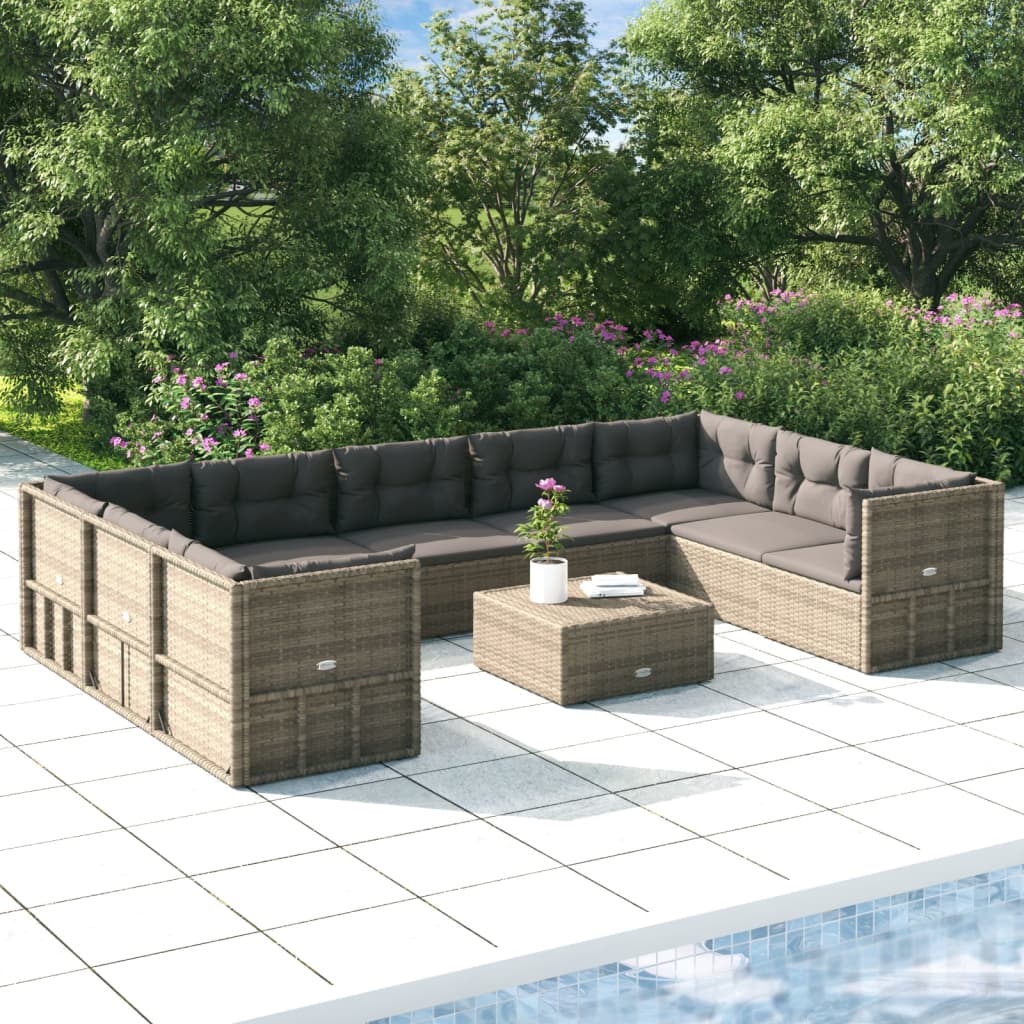 10-delige Loungeset met kussens poly rattan grijs