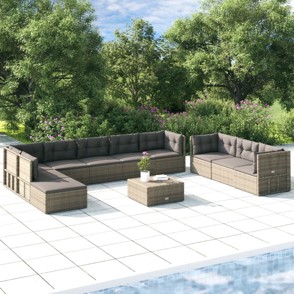 10-delige Loungeset met kussens poly rattan grijs