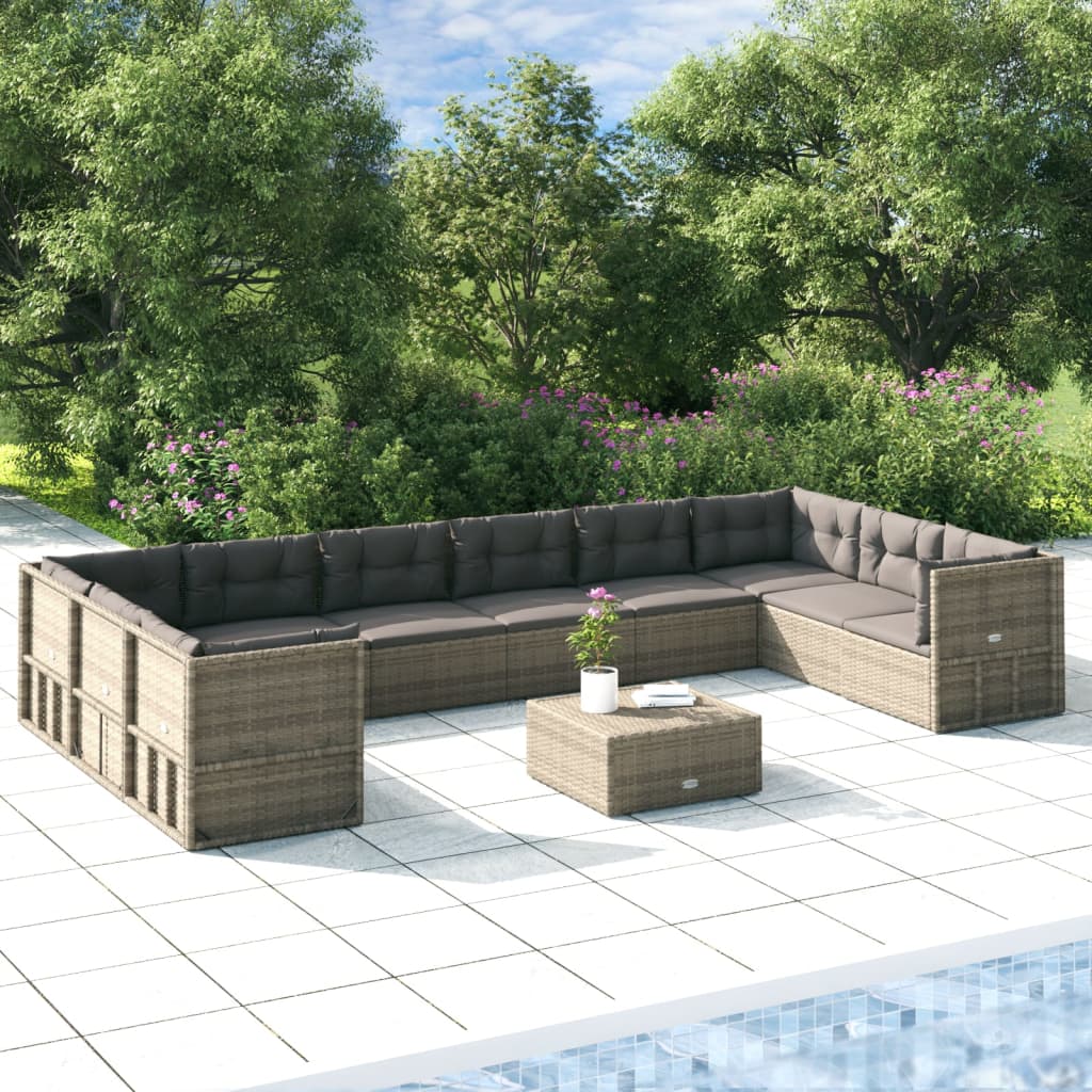 10-delige Loungeset met kussens poly rattan grijs