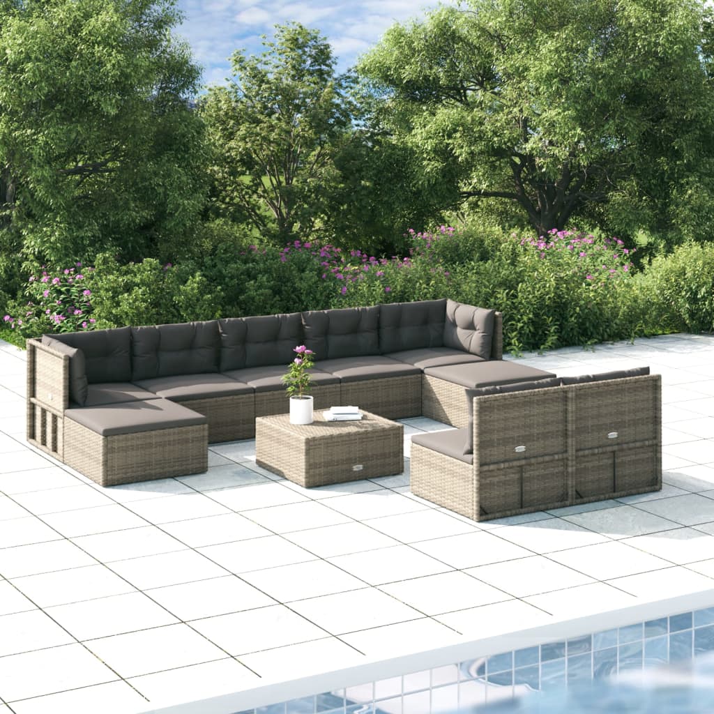 9-delige Loungeset met kussens poly rattan grijs