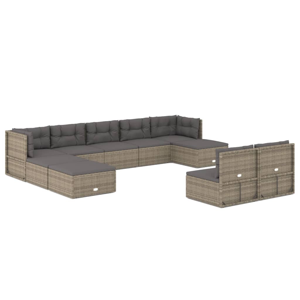 9-delige Loungeset met kussens poly rattan grijs