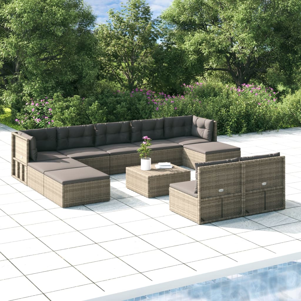 9-delige Loungeset met kussens poly rattan grijs