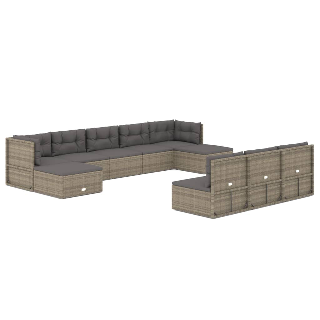 9-delige Loungeset met kussens poly rattan grijs