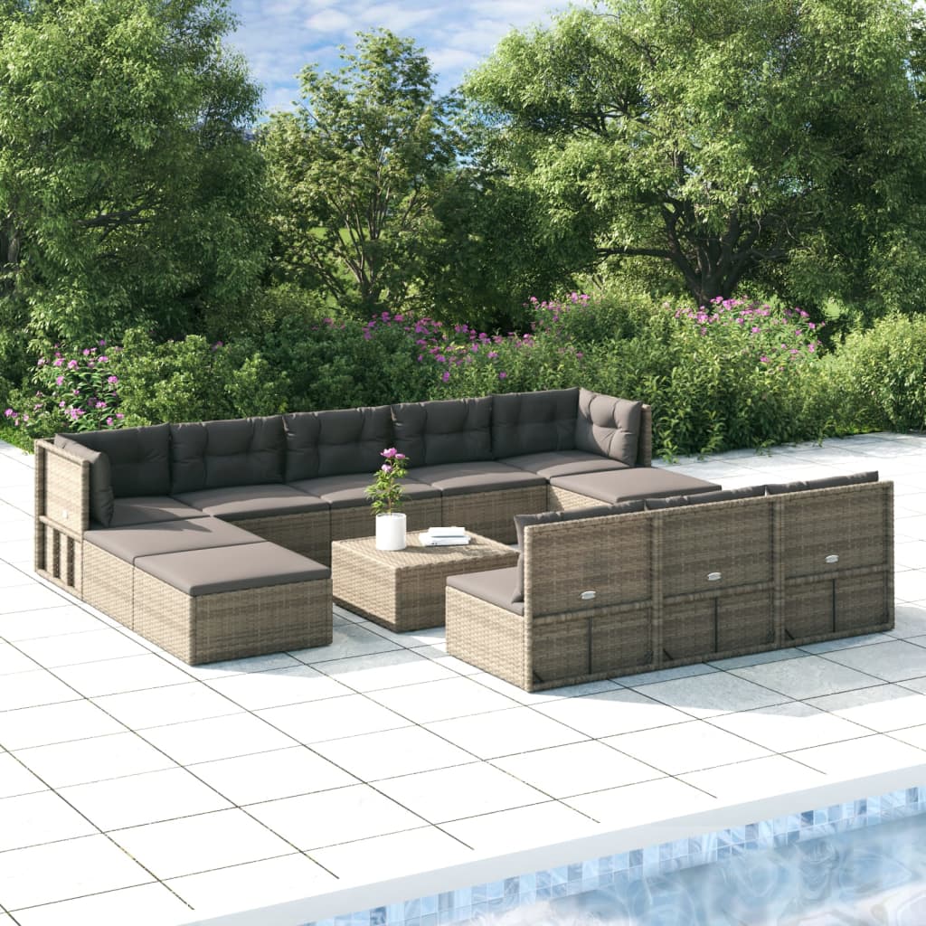 9-delige Loungeset met kussens poly rattan grijs