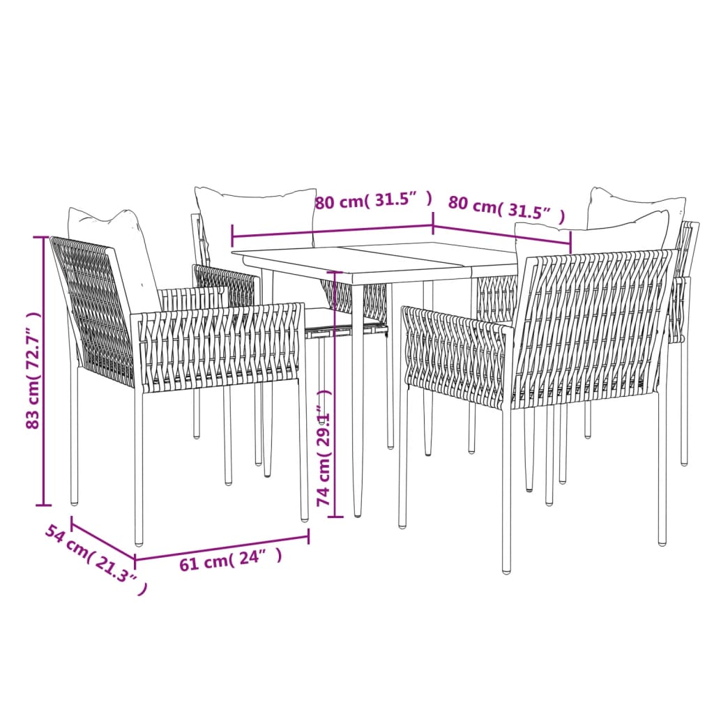 5-delige Tuinset met kussens poly rattan en staal