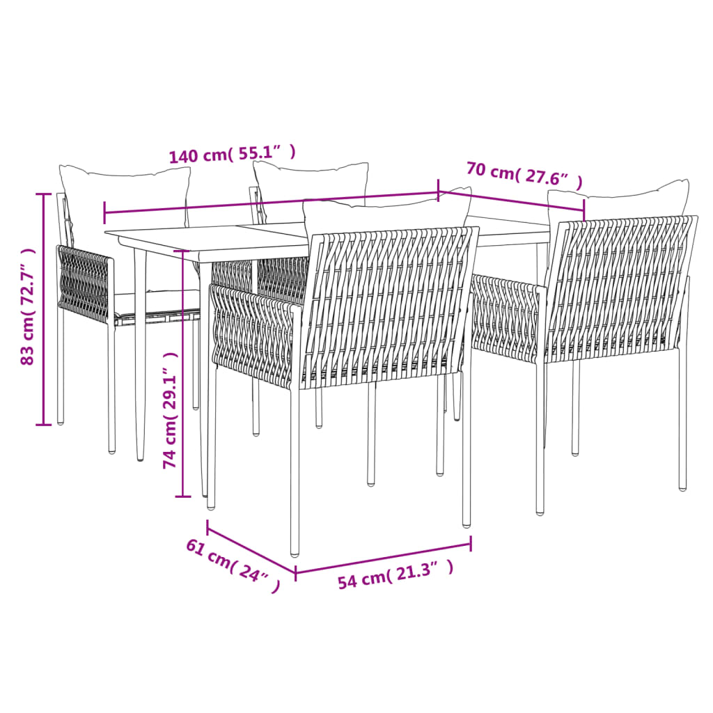 Ensemble de jardin 5 pièces avec coussins en polyrotin et acier