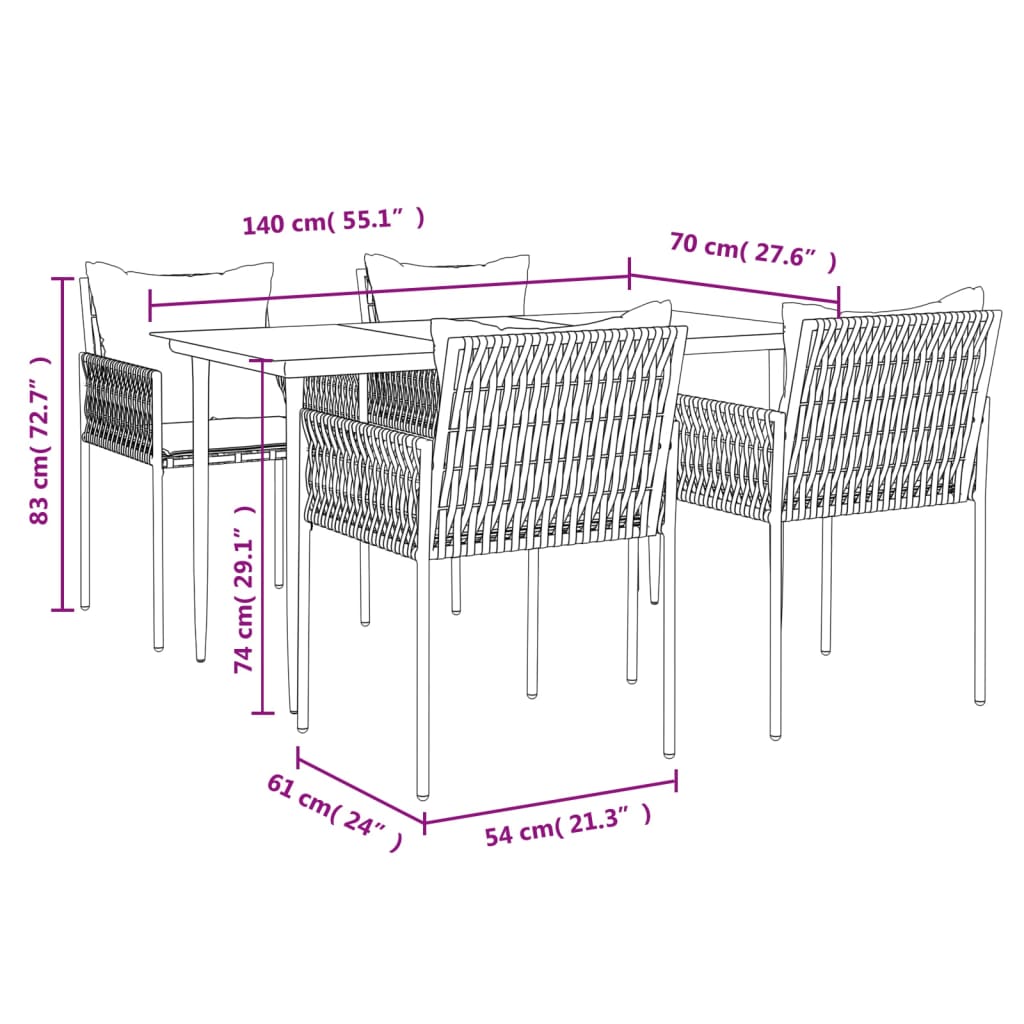 Ensemble de jardin 5 pièces avec coussins en polyrotin et acier