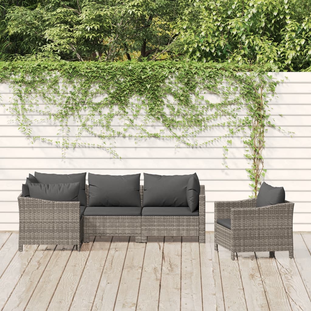 5-delige Loungeset met kussens poly rattan grijs