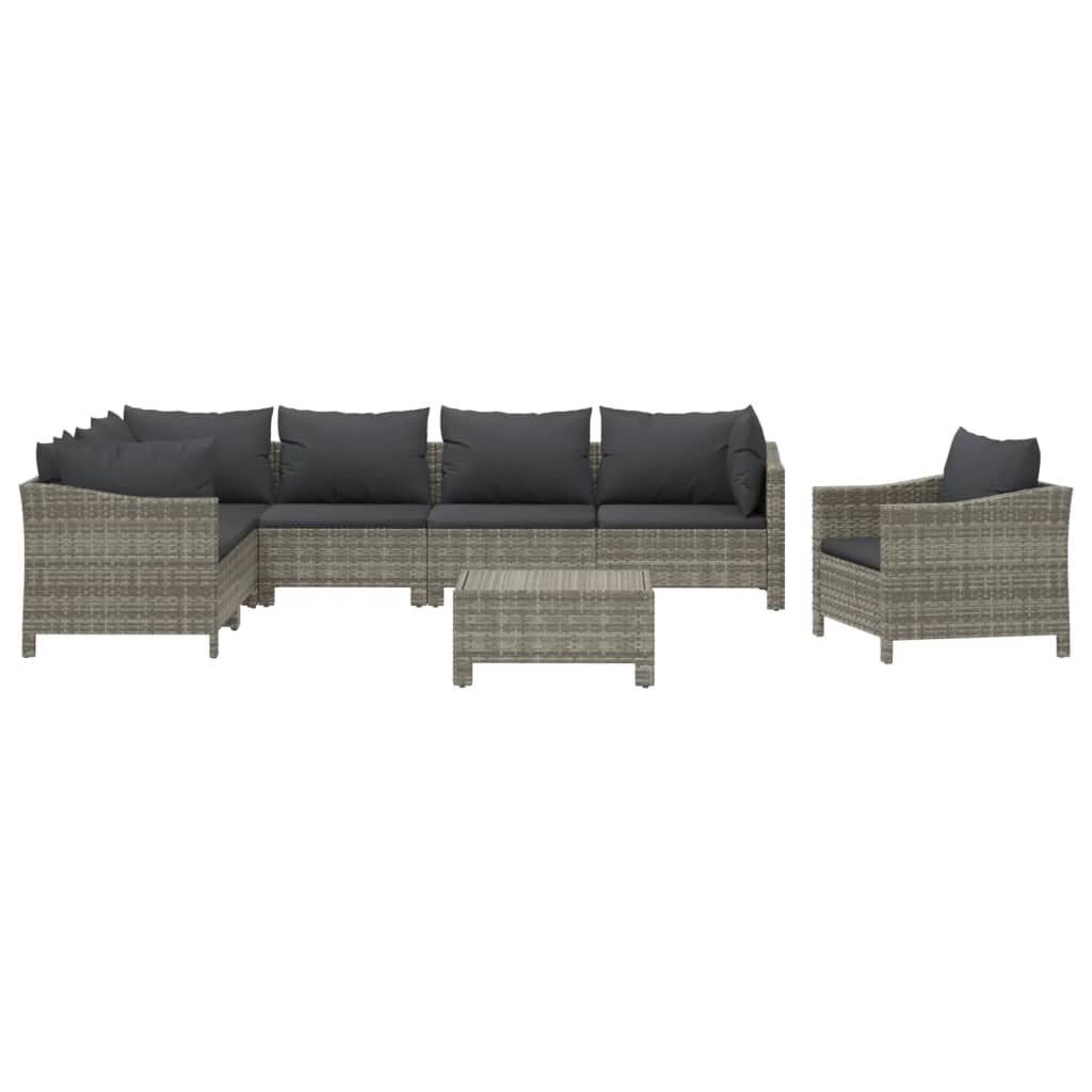 8-delige Loungeset met kussens poly rattan grijs